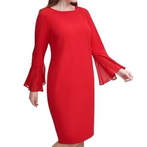 Calvin Klein Chiffon Bell Sleeve Sheath Dress Holiday Red Size 14W NWT MSRP $99